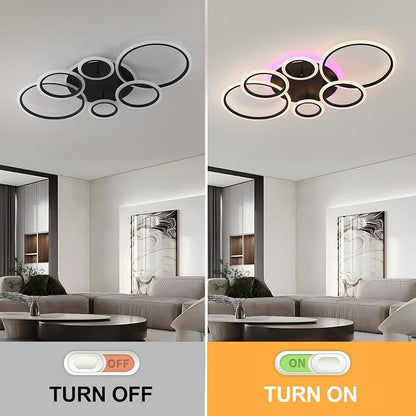 70W LED Ceiling Light, 6-Ring Black Flush Mount Fixture with Remote | Dimmable 3000K-6000K ceiling light with remote, 4200LM,RGB ambient glow,modern fixture for living room, bedroom & dining room
