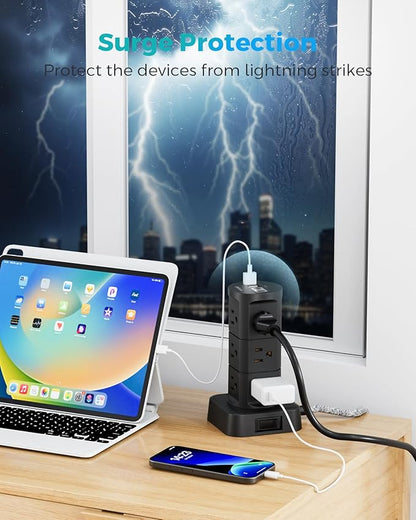 Charging Station Tower, Power Strips with Surge Protection, Flat Plug, 12 Outlets 4 USB Ports, 1875W/15A 1080J 6Ft Extension Cord with Multiple Outlets, Office Desk Supplies, Dorm Essentials, Black