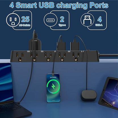 20 Amp Power Strip Surge Protector,Heavy Duty 12 Gauge 6.5 ft Cord/25 AC Outlets/4 USB A/2USB C/4000 Joules Surge protection/2500W/125V,Office Workshop Household Garage Black