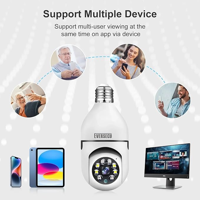 EVERSECU HD 1080P Wireless Light Bulb Security Camera, 2.4g & 5g WiFi, Motion Auto Tracking, 2 Way Audio, Smart Night Vision, Support ONVIF & RTSP, Work with Alexa, SD Card & Cloud Storage, Free App