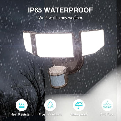 Abovizo 85W LED Security Lights Motion Sensor Light Outdoor, 8500LM Dusk to Dawn, IP65 Waterproof, 6500K, 3 Head Motion Detected Flood Light, Floodlight for Outside, Garage, Yard, Porch (Brown)