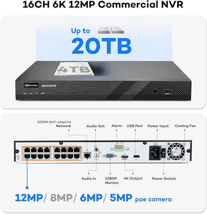 ONWOTE Face Recognition & AcuSearch, 2 Way Audio, 12MP NVR 16 Channel Security Camera System, 16x 4K 8MP Vandal Proof PoE IP Cameras, Total 1280ft Cables, 16CH Commercial NVR 4TB, CCTV for Business