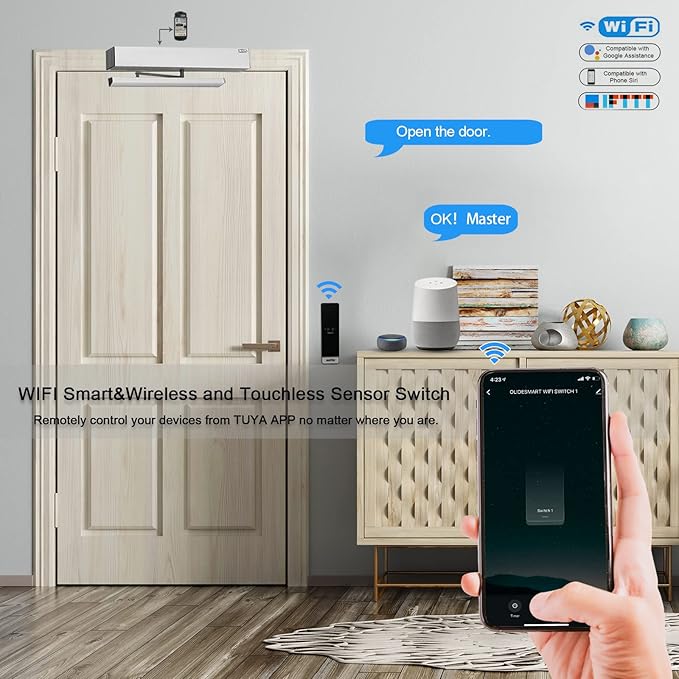 Olideauto Automatic Swing Door Opener Compatible for Alexa,Google Home,Phone App,Voice Control Smart Home WiFi Touch Free Auto Door Opener with Wireless Wave Hand Sensors and Wired Receiver 510FW