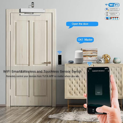 Olideauto Automatic Swing Door Opener Compatible for Alexa,Google Home,Phone App,Voice Control Smart Home WiFi Touch Free Auto Door Opener with Wireless Wave Hand Sensors and Wired Receiver 510FW