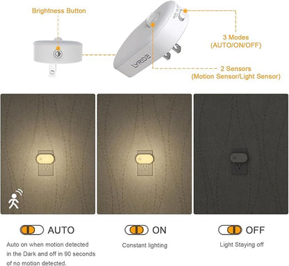 Lyridz 120LM Ultra Bright Plug-in Motion Sensor Night Light, Stepless Dimmable LED Nightlight, Always-On and Auto-Off, for Hallway, Stairs, Bathroom, Bedroom, Garage, Warm White (6-Pack)