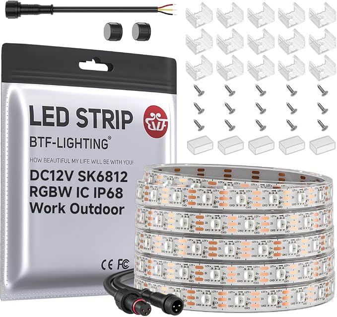BTF-LIGHTING RGB+Natural White SK6812 LED Strip 16.4FT 300LED DC12V IP68 | Waterproof RGBW Individually Addressable UL Listed 4 Colors in 1 Light (Similar WS2812B) White PCB(No Adapter or Controller)