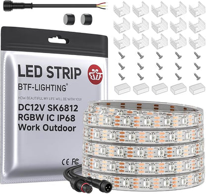 BTF-LIGHTING RGB+Natural White SK6812 LED Strip 16.4FT 300LED DC12V IP68 | Waterproof RGBW Individually Addressable UL Listed 4 Colors in 1 Light (Similar WS2812B) White PCB(No Adapter or Controller)