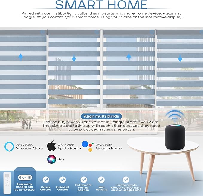 Motorized Zebra Blinds Compatible with Alexa Smart Dual Layer Shades with Control Remote Roller Blinds Automatic Shades for Smart Home and Office Customized Size (95% Shading - Sky Blue)