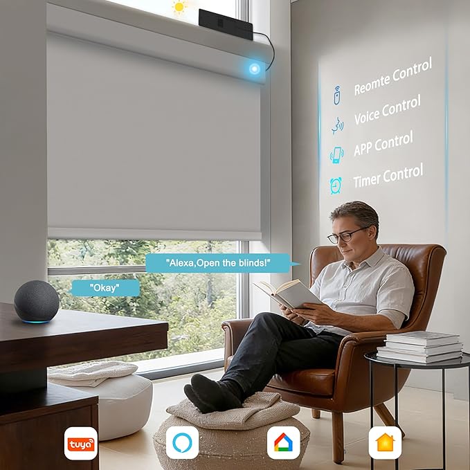 BERISSA Smart Motorized Blinds with Remote,No Drill Automatic Roller Blinds for Indoor Windows,Blackout Linen Fabric,Electric Shades for Windows Home Office,Linen White,Custom Size