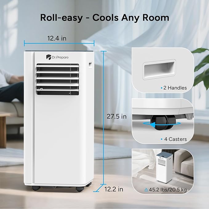 DR.PREPARE 8,000 BTU Portable Air Conditioner, 4-in-1 Portable AC with Remote Control, Fast Cooling, 24H Timers, Window kit, Cools Up to 350 sq. ft for Rooms, Bedroom