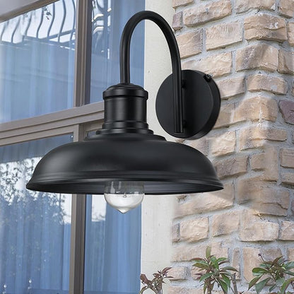 12'' Diameter Large Dusk to Dawn Outdoor Gooseneck Barn Light, 2-Pack Outdoor Wall Sconce Farmhouse Exterior Light Wall Lighting Fixture Industrial Black Wall Lantern for Porch, Garage, Black
