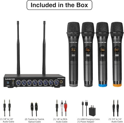 Sound Town 200 Channels Wireless Microphone Karaoke Mixer System, with 4 Metal Handheld Microphones, Optical (Toslink), AUX, for Smart TV, Home Theater, Sound Bar (SWM16-4MEGA)