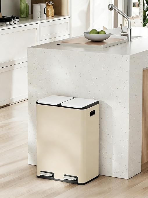 Arlopu 16Gal Dual Trash Can w/2 Built-in Box for Odor Control, Hands-Free Kitchen Garbage Bin, Recycle Waste Dustbin, Soft-Close Lid, 2 Buckets,Foot Pedal, Side Handle, Airtight,for Home (Beige)