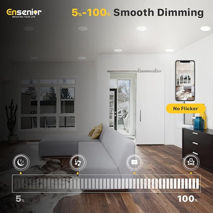 Ensenior 12 Pack 6 Inch LED Recessed Ceiling Light, Dimmable, 2700K-5000K 5CCT, 1200LM 12W 120V, High Brightness Canless Wafer Downlight - ETL&FCC&IC