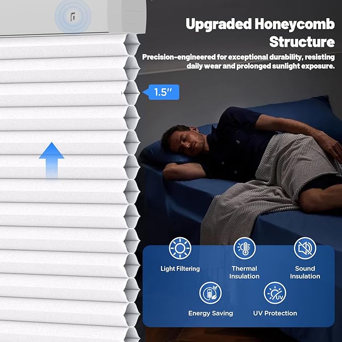 Motorized Cellular Shades with Remote, Smart Cellular Shades Compatible with Apple HomeKit, Alexa & Google Home, Honeycomb Window Blinds for Indoor Windows, Light Filtering Crystal White