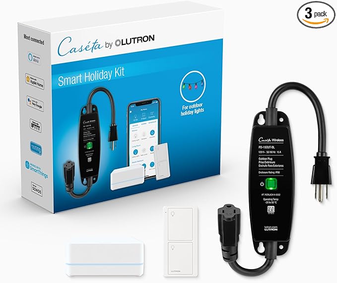 Lutron Caséta Outdoor Smart Plug On/Off Switch Holiday Light Starter Kit with Smart Hub and Pico Remote | Compatible with Alexa, Google Assistant, Ring, Apple Home | for String Lights and Inflatables
