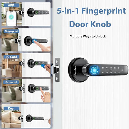 Fingerprint Door Lock Biometric Door Knob with Keypad Keyless Entry, 5-in-1 Door Locks for Bedrooms(Fingerprint/App/Code/Key/IC Card), Home Hotel Office Apartment Black
