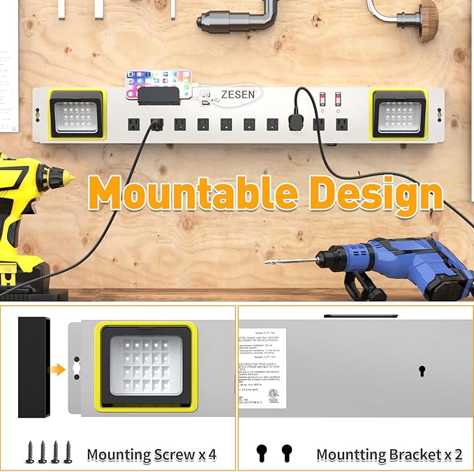 ZESEN 10-Outlet Power Strip with LED Worklight Surge Protector 4ft Cord with Dual Smart USB, Workshop/Garage/Office/Home, ETL Listed
