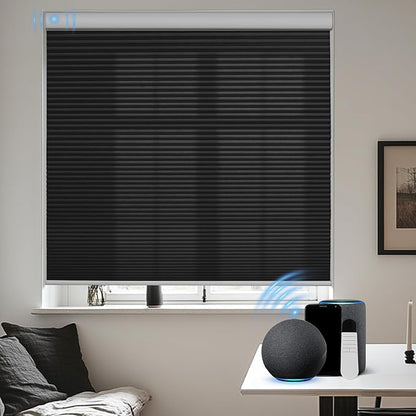 BERISSA Motorized Cellular Shades, Light Filtering Smart Honeycomb Blinds with Remote Control & Hub, Custom Room Darkening Automatic Cellular Window Blinds for Home Office, Living Room, Door,Black