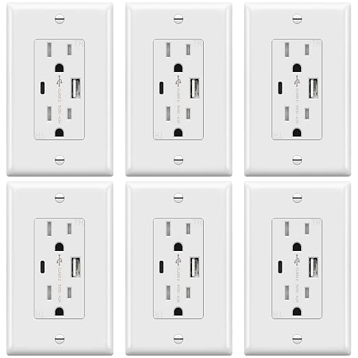 TOPGREENER 4.2A USB Outlets, 15 Amp Wall Outlet with USB Ports,White,6 Pack | USB Outlets Receptacles with Type C&A Ports, Tamper Resistant Receptacle Plug, UL Listed, Wall Plate Included, TU21536AC-W