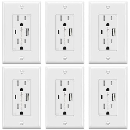 TOPGREENER 4.2A USB Outlets, 15 Amp Wall Outlet with USB Ports,White,6 Pack | USB Outlets Receptacles with Type C&A Ports, Tamper Resistant Receptacle Plug, UL Listed, Wall Plate Included, TU21536AC-W