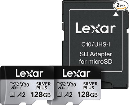 Lexar 128GB (2-Pack) Professional Silver Plus Micro SD Card, UHS-I, C10, U3, V30, Full HD & 4K, Up to 205/150 MB/s microSDXC Memory Card, for Videographers, Gamers (LMSSIPL128G-B2ANU)