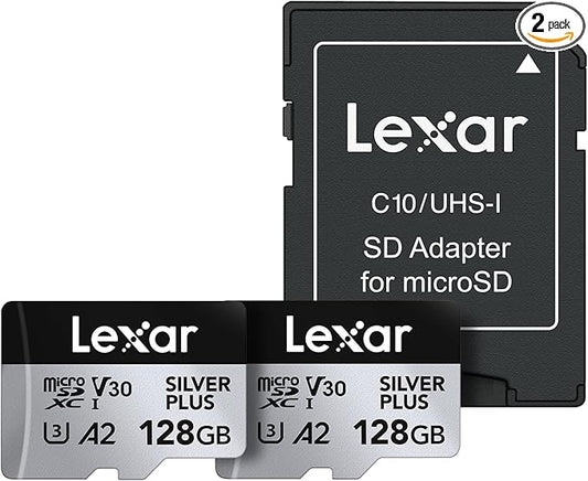 Lexar 128GB (2-Pack) Professional Silver Plus Micro SD Card, UHS-I, C10, U3, V30, Full HD & 4K, Up to 205/150 MB/s microSDXC Memory Card, for Videographers, Gamers (LMSSIPL128G-B2ANU)