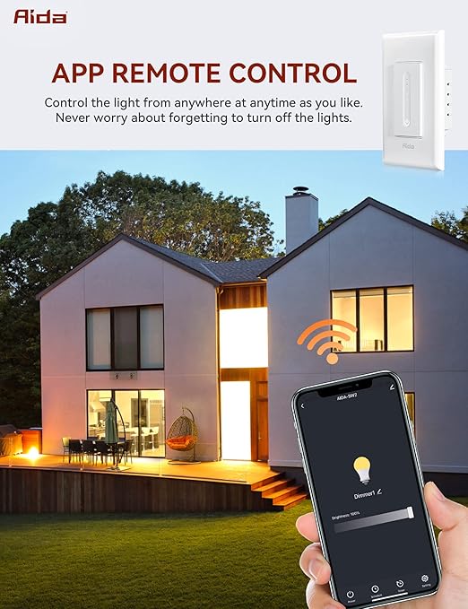 AIDA Smart Dimmer Light Switch, Single Pole Dimmer Switch Works with Alexa and Google Assistant, 2.4GHz WiFi Switch for LED, CFL, Incandescent Bulbs, Need Neutral Wire, No Hub Required, White, 3 Pack
