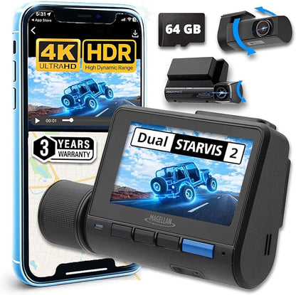 MAGELLAN DR45 2-Channel Dash Cam, Night Vision, Front & Rear True 4K + 2K Camera for Cars, STARVIS 2 IMX678 IMX675, Strong Mount, GPS, Wi-Fi, App Control, Parking Mode, 2.7" IPS, 64GB Card Included