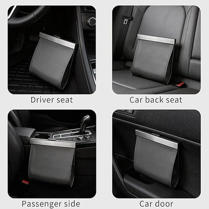 Leather Car Trash Can with Smart LED Light & Magnetic Closure, Hanging Car Trash Bag, Small Car Trash Can, Leak-Proof, Odor-Lock Car Trash Bin for Any Cars, Sedans, SUVs, Trucks, Black