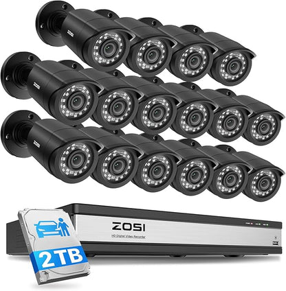 ZOSI 3K Lite 16 Channel Security Camera System with AI Human/Vehicle Detection, 16pcs 2MP Wired Indoor Outdoor CCTV Cameras, Night Vision, 16CH DVR with 2TB HDD for 24/7 Recording, No Monthly Fees