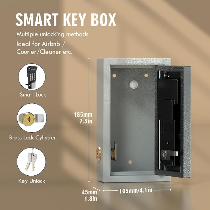 WeHere Key Lock Box Wall Mount, OTP/Fixed Password, APP Bluetooth/Wi-Fi, Spare Key Unlock, Porch Smart LockBox, Combination Keybox for Home, Realtors, Apartments, Garage, Store, Office