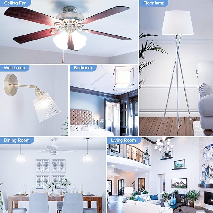 8 Pack Ceiling Fan Light Bulbs E12 Base, 60Watt Equivalent, 6000K Cool Daylight, A15 Small Candelabra Base Chandelier Bulbs, 600LM, 120V, CRI 85+, Non-dimmable