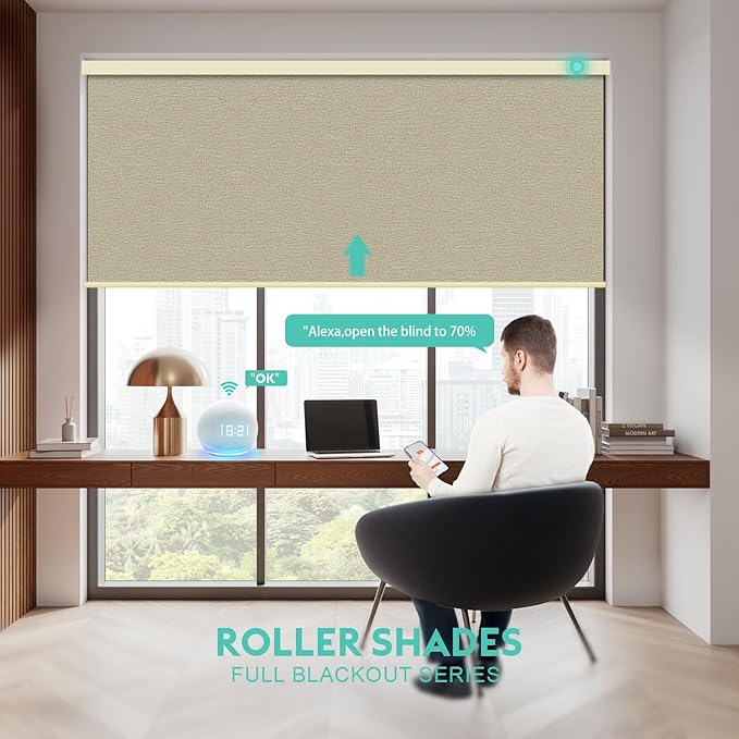 Motorized Blinds with Remote, Blackout Smart Automatic Electric Blinds for Windows Compatible with Alexa Homekit, Cordless Indoor Motorized Roller Shades with Custom Size（Sand Linen）