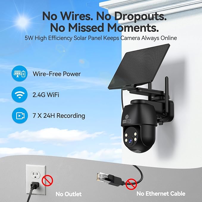 MUBVIEW 24/7 Continuous Recording Wireless Outdoor Security Camera, 2.4G WiFi, 2K Solar Powered, 360° PTZ, Auto Tracking, SD Included, Optional Cloud Storage, AI Detection, Night Vision(Black,1 Pack)