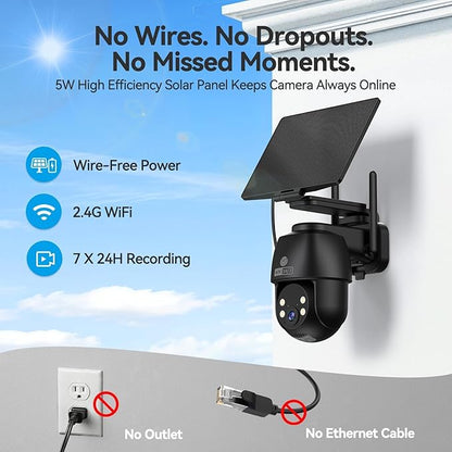 MUBVIEW 24/7 Continuous Recording Wireless Outdoor Security Camera, 2.4G WiFi, 2K Solar Powered, 360° PTZ, Auto Tracking, SD Included, Optional Cloud Storage, AI Detection, Night Vision(Black,2 Packs)