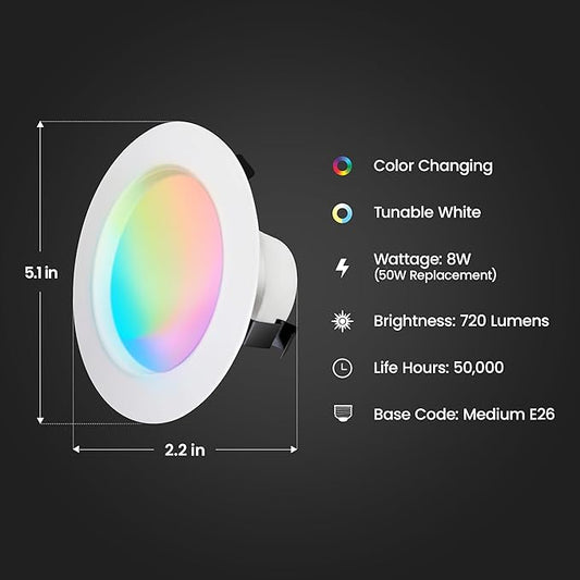 Feit Electric 4 Inch Smart Recessed Lights, Color Changing and Tunable White, 2.4GHz WiFi Retrofit LED Downlight E26 Base, Dimmable, 4 Pack, LEDR4/RGBW/AG/4