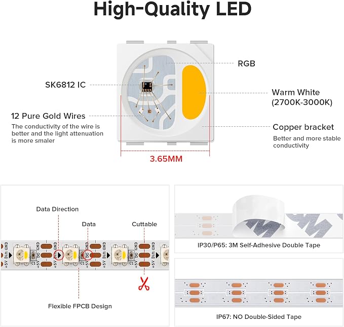 BTF-LIGHTING RGB+Warm White SK6812 LED Strip 16.4FT 300LED IP30 DC12V | RGBW Individually Addressable UL Listed 4 Colors in 1 Light (Similar WS2812B) White PCB(No Adapter or Controller)