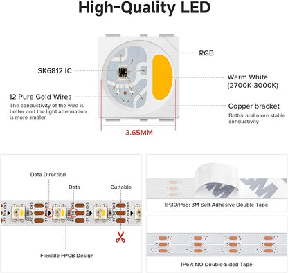 BTF-LIGHTING RGB+Warm White SK6812 LED Strip 16.4FT 300LED IP30 DC12V | RGBW Individually Addressable UL Listed 4 Colors in 1 Light (Similar WS2812B) White PCB(No Adapter or Controller)