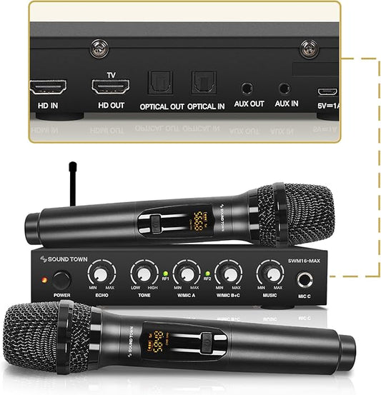 Sound Town Wireless Microphone Karaoke Mixer System with HD Audio Return Channel, Optical (Toslink), AUX, Supports Smart TV, Media Box, PC, Bluetooth, Soundbar, Receiver (SWM16-MAX)