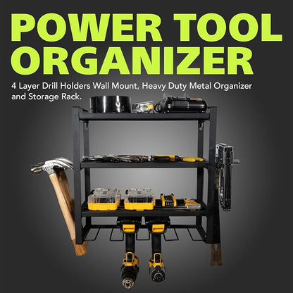 Pearington Wall Mount Power Tool Organizer, 4-Layer Drill Rack with Screwdriver, Plier, and Hammer Holders, Heavy-Duty Metal Garage Storage Shelf, Black