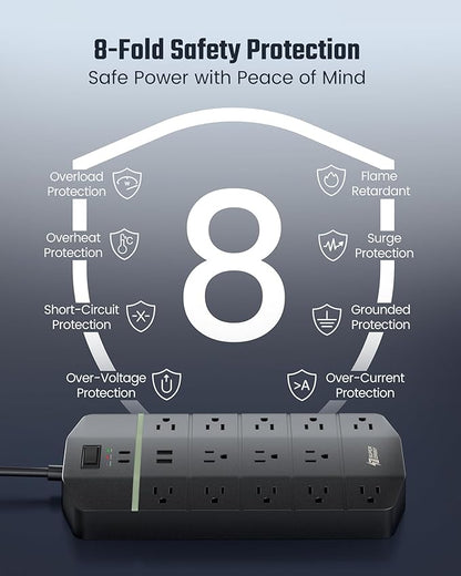 SUPERDANNY 15A Power Strip Surge Protector 5000 J with 13 AC Outlets 2 USB-A & 2 USB-C PD 20W Fast Charging Heavy Duty 14AWG/3C Industrial Grade 10ft Extension Cord for Workbench Home Office Black