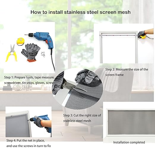 304 Stainless Steel Mesh Screen, 12 Mesh 304 Stainless Steel Security Screen, PVC Coated Heavy Duty 47inch x 118 inch Wire Mesh Window Screen Hardware Cloth Sturdy Metal Mesh Door Security Screen Mesh