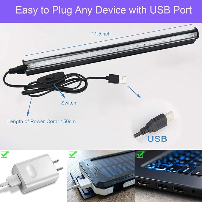 10W 1ft Blacklight Bar T5, 2 Pack UV LED Blacklight, 395-400nm Black Light Tube with USB+Switch+59in Cord, Black Lights for Glow Party, Bedroom, Body Paint, Fluorescent Poster, Birthday