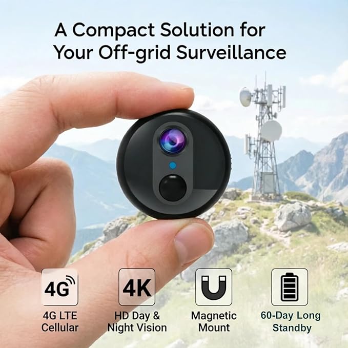 Mini Portable 4G LTE Cellular Security Camera with Magnetic Rotating Mount, 4K HD No Wi-Fi Security Camera with Built-in SIM, 60-Day Long Standby, Night Vision, PIR Motion Detection (W-Q2)