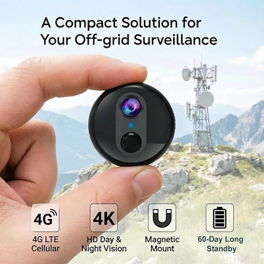 Mini Portable 4G LTE Cellular Security Camera with Magnetic Rotating Mount, 4K HD No Wi-Fi Security Camera with Built-in SIM, 60-Day Long Standby, Night Vision, PIR Motion Detection (W-Q2)