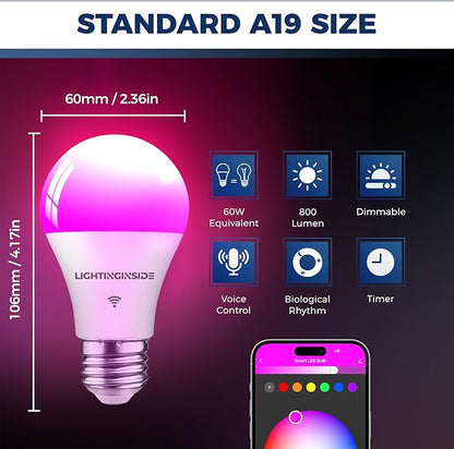 Lightinginside WiFi Smart Light Bulbs 9W, A19 E26 Smart Bulb Compatible with Alexa/Google Assistant/Smart Life, 86+CRI, No Hub Required, 60W Equivalent, 2.4GHz WiFi Only, ETL Listed, 1 Pack
