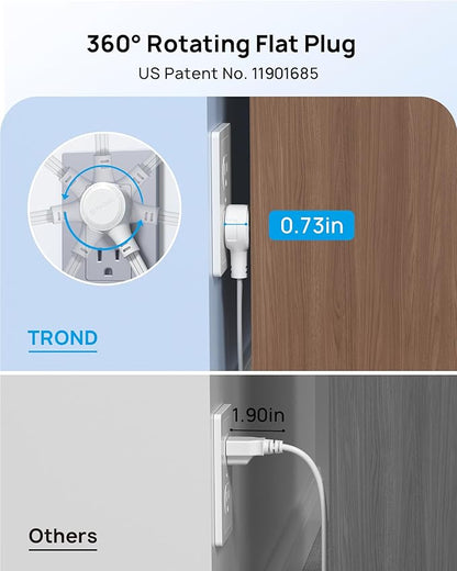 TROND 360° Rotating Flat Plug Outlet Extender Surge Protector with 6 Inch Cable, Small Rotatable Extension Cord, 900 Joules, 3 Way Plug, 15A, Compact for Indoor Home Office Travel Dorm Room, White