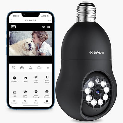 LaView 4MP Bulb Security Camera 2.4GHz, 360° 2K Security Cameras Wireless Outdoor Indoor Full Color Day and Night, Motion Detection, Audible Alarm, Easy Installation, Compatible with Alexa(Black)