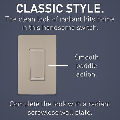 Legrand radiant TM870NICC10 15 Amp Rocker Wall Switch, Single Pole Decorator Light Switches, Nickel (1 Count)